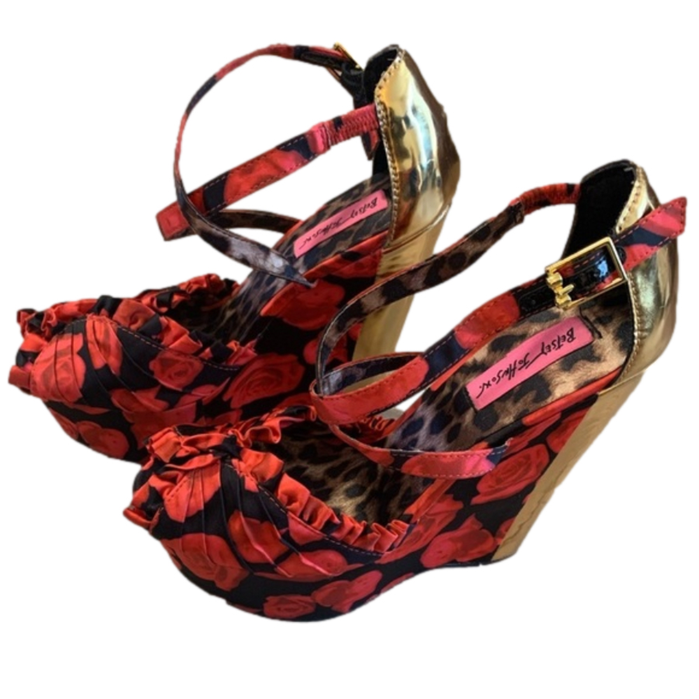 Betsey Johnson Red Rose Floral Gold Wedge Platform Heels - Picture 7 of 14